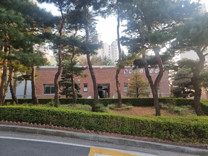 소나무 숲 뒤 저층 건물
